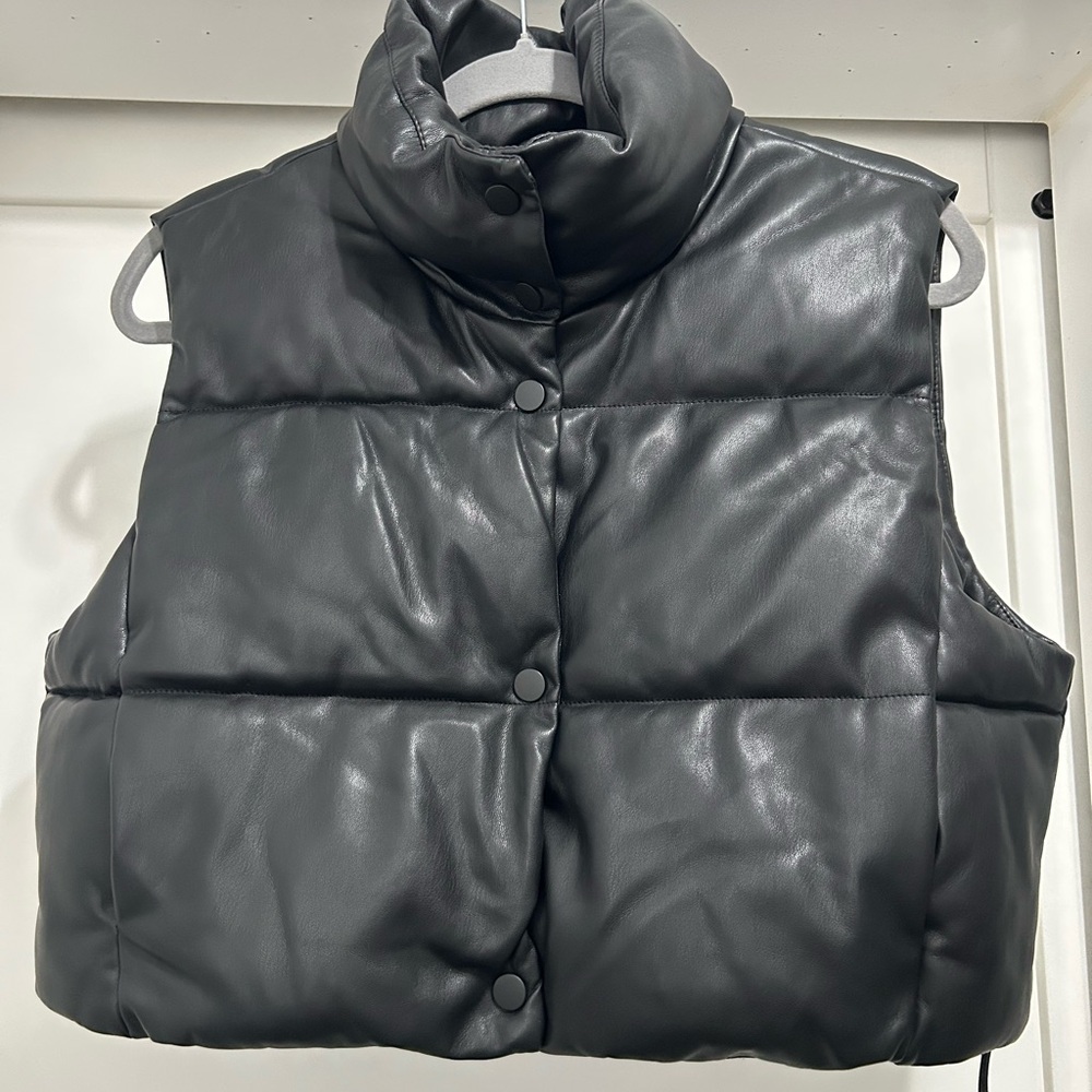 Black Faux Leather Puffer Vest for Women